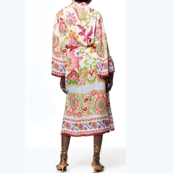 XS 🔖 Satin Colorful Boho Floral Printed Belted Kimono Duster Robe - Picture 5 of 9